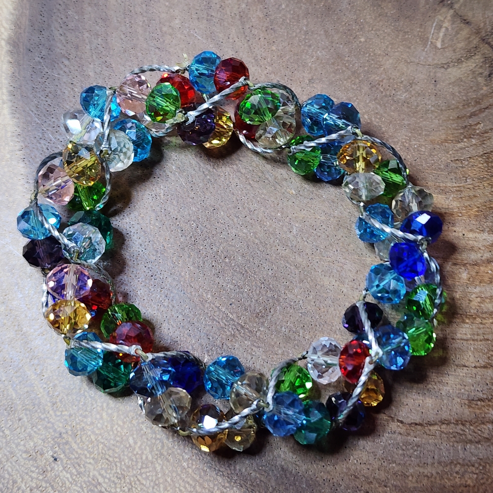 Chunky Multicolor Crystal Wire-Wrapped  Beaded Stretch Bracelet - Picture 5 of 8